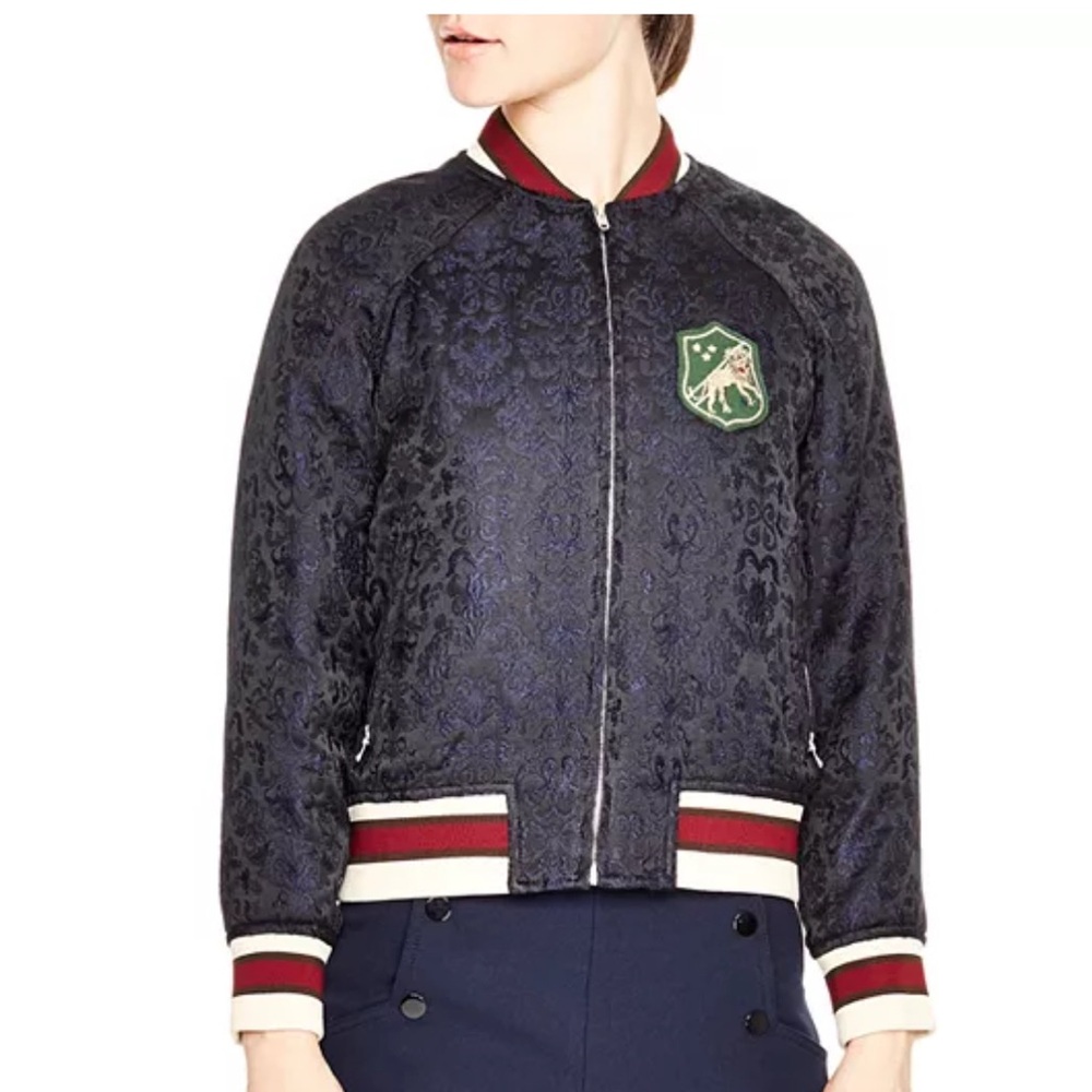 Sandro Paris navy blue brocade varsity jacket size 2